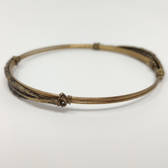 Boho Set of 3 Gold Bronze Tone Bangle Bracelets Wire Wrap Charms Feathers Owls - Picture 3 of 13